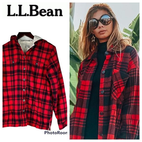 L.L. Bean Tops - LL BEAN Shacket Jacket Top Tunic Shirt XS Plaid Red Black Fleece Lined Hooded